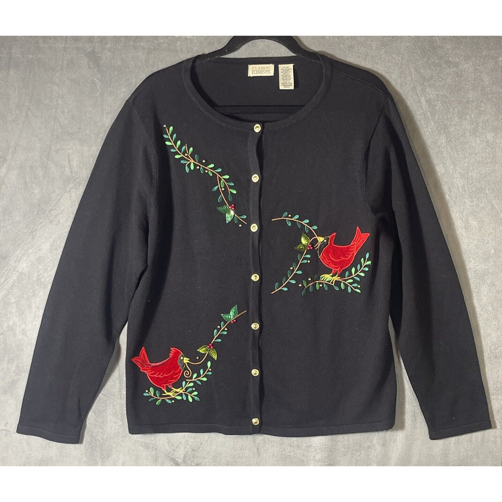 Classic Elements Christmas Sweater Cardinals Holly Black Lightweight Sz XL